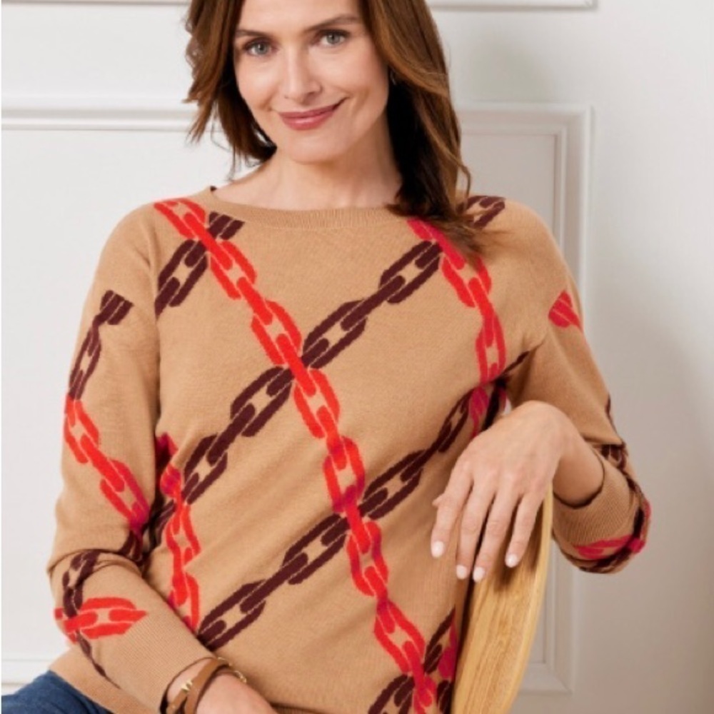 Talbots Pullover Jacquard Crewneck Sweater Sz. PS Tan Red Cotton Stretch